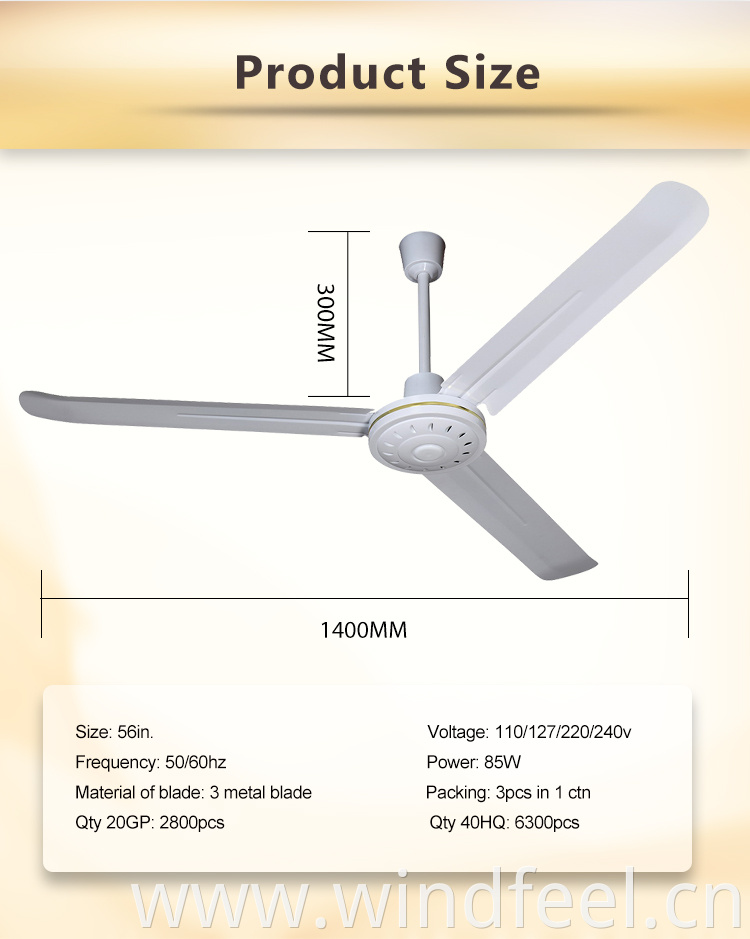 56 Inch SMC Style AC Ceiling Fan with Three Flat Metal Blades for South America Market